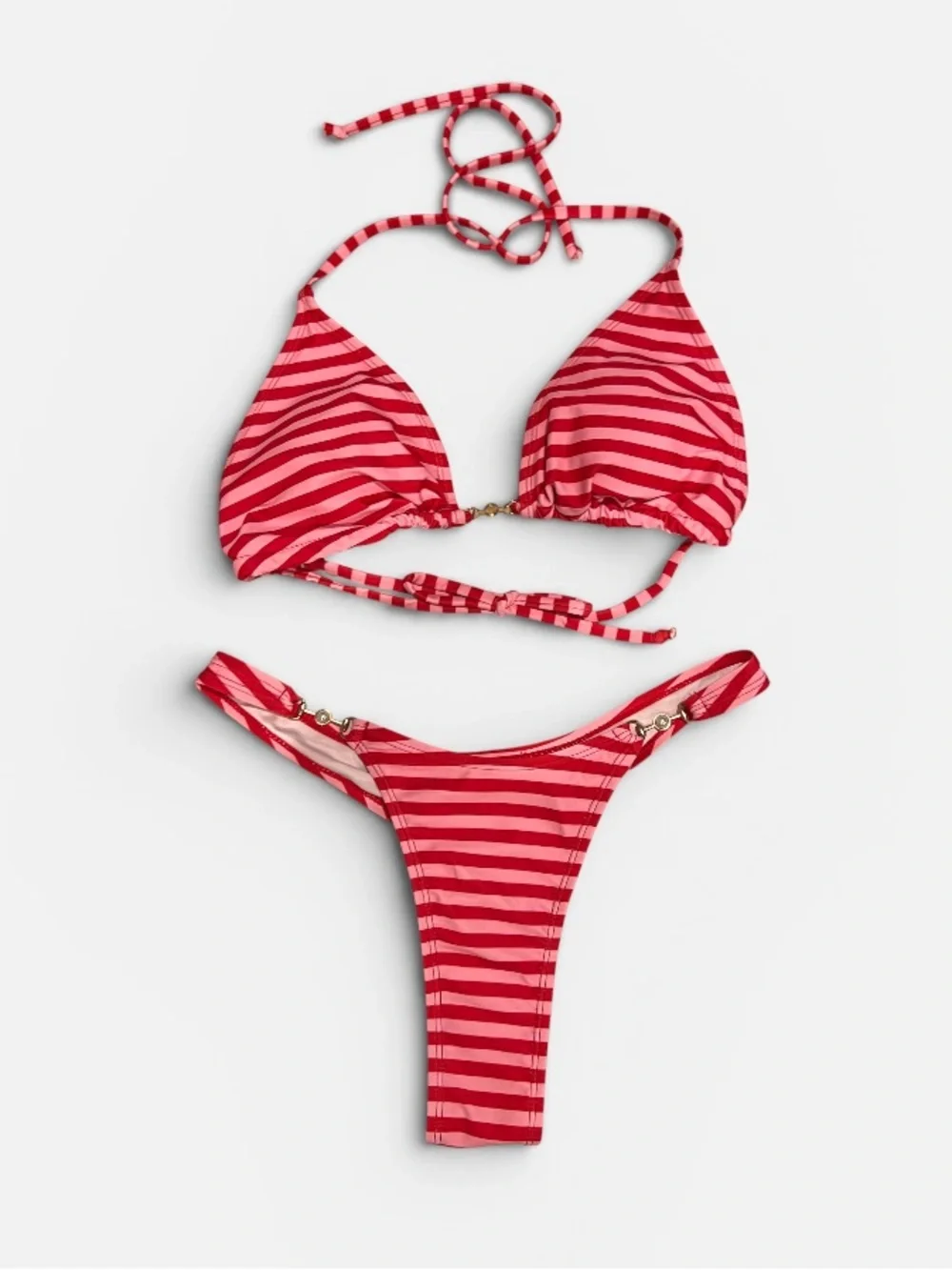 Red and Pink Striped Triangle Bikini Set